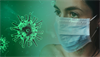 Frau mit Mund-Nasen-Schutz und graphische Viren